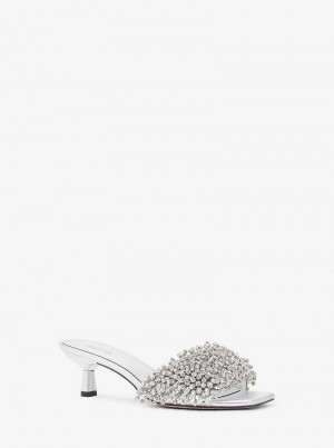 Michaelkors Amal Crystal Embellished Metallic Leather Stříbrné | SN-MK27497