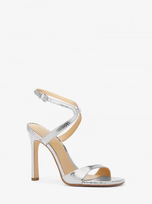 Michaelkors Amara Metallic Snake Embossed Leather Stříbrné | SN-MK27525