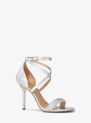 Michaelkors Astrid Embellished Metallic Snake Embossed Leather Stříbrné | SN-MK27599