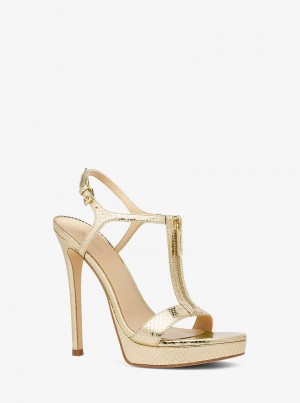 Michaelkors Berkley Metallic Snake Embossed Leather Stiletto Zlaté | SN-MK27536