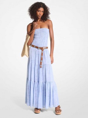 Michaelkors Chambray Print Smocked Georgette Maxi Světle Blankyt | SN-MK26709