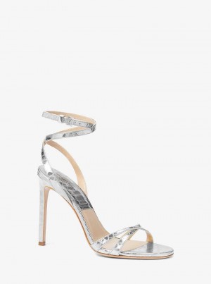Michaelkors Chrissy Metallic Python Embossed Leather Stříbrné | SN-MK27614