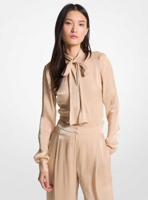 Michaelkors Crinkled Metallic Georgette Tie-Neck Blouse Hnědožlutý | SN-MK26518