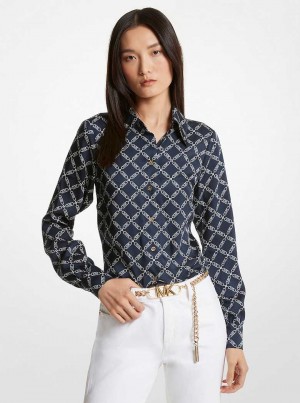 Michaelkors Empire Logo Print Satin Blouse Blankyt | SN-MK26523