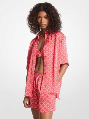 Michaelkors Empire Logo Print Satin Camp Shirt Koralove | SN-MK26508