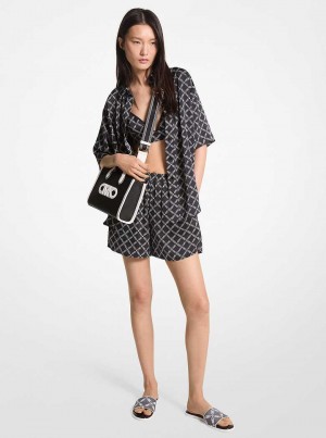 Michaelkors Empire Logo Print Satin Camp Shirt Černé Bílé | SN-MK26505