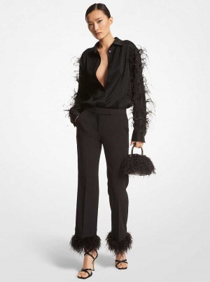 Michaelkors Feather Trim Satin Blouse Černé | SN-MK26530