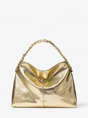 Michaelkors Jordyn Large Metallic Snake Embossed Leather Zlaté | SN-MK27099