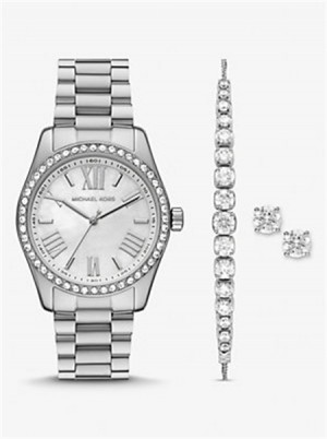 Michaelkors Lexington Pavé Silver-Tone Watch and Bracelet Set Stříbrné | SN-MK28341