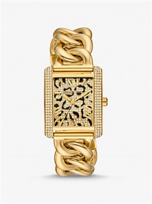 Michaelkors Mini Emery Animal Pavé Gold-Tone Curb Link Watch Zlaté | SN-MK28426