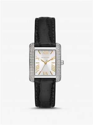 Michaelkors Mini Emery Pavé Silver-Tone and Crocodile Embossed Leather Watch Černé | SN-MK28437