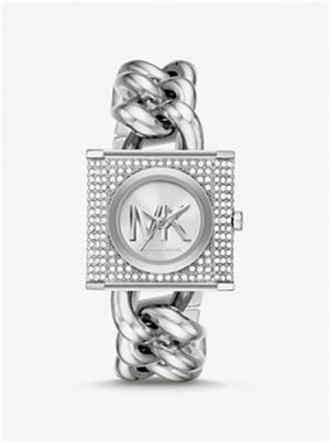 Michaelkors Mini Lock Pavé Silver-Tone Chain Watch Stříbrné | SN-MK28368