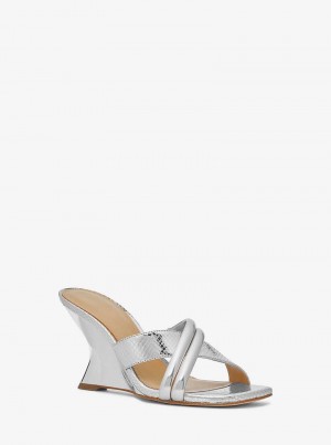 Michaelkors Nadina Metallic Snake Embossed Leather Stříbrné | SN-MK27597