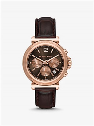 Michaelkors Oversized Maren Rose Gold-Tone and Crocodile Embossed Leather Watch Čokolády | SN-MK28301