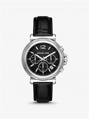 Michaelkors Oversized Maren Silver-Tone and Crocodile Embossed Leather Watch Černé | SN-MK28300
