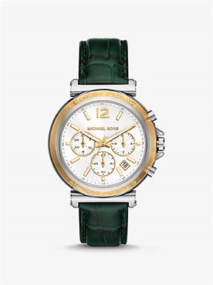Michaelkors Oversized Maren Silver-Tone and Crocodile Embossed Leather Watch Zelene | SN-MK28302
