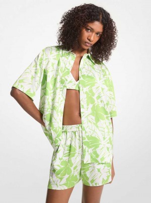 Michaelkors Palm Print Satin Cabana Shirt Zelene | SN-MK26507