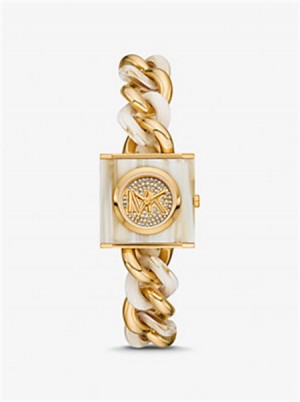 Michaelkors Petite Lock Pavé Gold-Tone and Acetate Chain Watch Horn | SN-MK28361