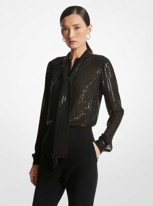 Michaelkors Pinstripe Sequined Georgette Tie-Neck Blouse Černé | SN-MK26529