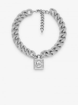 Michaelkors Precious Metal-Plated Brass Pavé Lock Curb Link Stříbrné | SN-MK27810