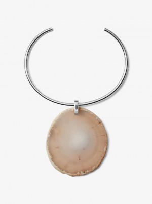 Michaelkors Precious Metal-Plated Brass and Agate Collar Necklace Stříbrné Šedé Hnědé | SN-MK27742