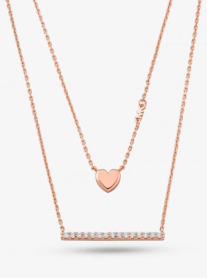 Michaelkors Precious Metal-Plated Sterling Silver Double Heart and Pavé Bar Růžové Zlaté | SN-MK27790