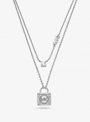 Michaelkors Precious Metal-Plated Sterling Silver Pavé Lock Layered Stříbrné | SN-MK27804