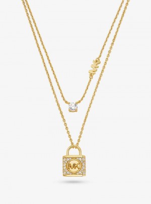 Michaelkors Precious Metal-Plated Sterling Silver Pavé Lock Layered Zlaté | SN-MK27815