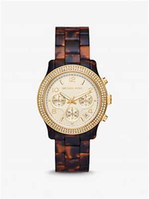 Michaelkors Runway Pavé Gold-Tone and Tortoiseshell Acetate Watch Tortoise | SN-MK28384