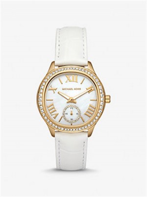 Michaelkors Sage Pavé Gold-Tone and Crocodile Embossed Leather Watch Bílé | SN-MK28374