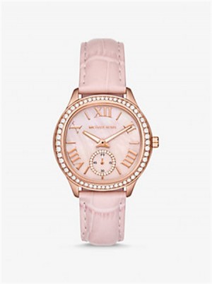Michaelkors Sage Pavé Rose Gold-Tone and Crocodile Embossed Leather Watch Růžové | SN-MK28370