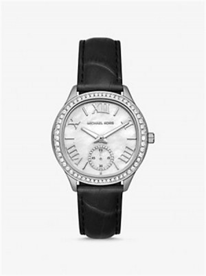 Michaelkors Sage Pavé Silver-Tone and Crocodile Embossed Leather Watch Černé | SN-MK28371