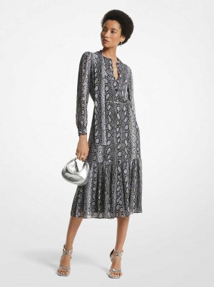 Michaelkors Snake Print Georgette Midi Černé | SN-MK26754