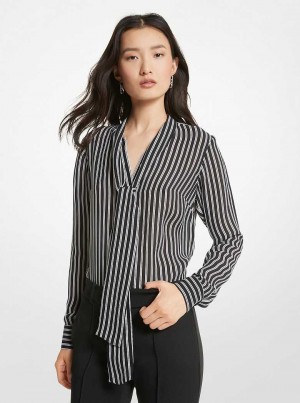 Michaelkors Striped Georgette Tie-Neck Blouse Černé | SN-MK26522