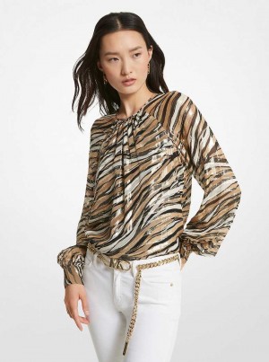 Michaelkors Tiger Fil Coupé Silk Blend Top Hnědožlutý | SN-MK26521