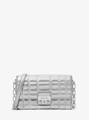 Michaelkors Tribeca Large Metallic Leather Convertible Stříbrné | SN-MK27136